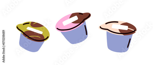 Cream, portioned packs. Yogurt containers, pudding cups, lids. Dairy milk desserts, yoghurt in individual mini plastic packages. Flat vector illustration isolated on white background
