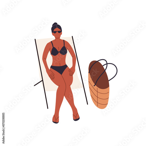 Woman in sunglasses lounges on deckchair. Tanned girl in bikini relaxes on longue chaise on beach. Person has a rest on sea holidays in summer. Flat isolated vector illustration on white background