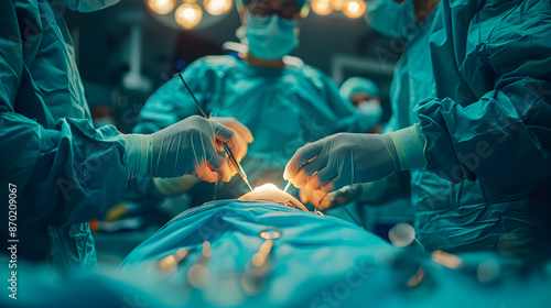 Close up view of a surgeon s skilled hands performing an intricate cardiac procedure on a patient in a sterile clinical environment  The image showcases the precision delicacy photo