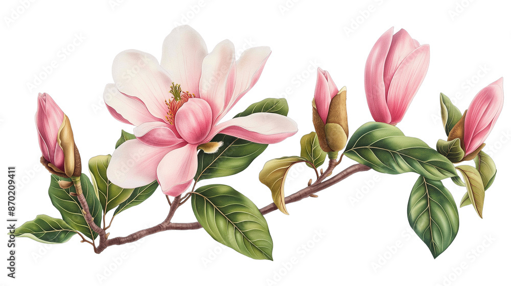 Fototapeta premium Two pink flowers with purple tips are painted on a white background