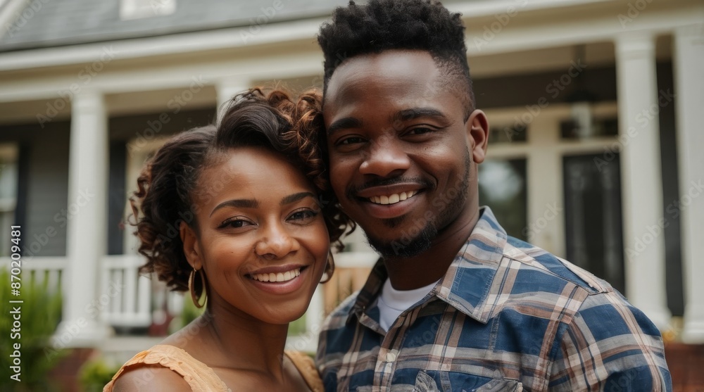 Happy young married black african american couple standing in front of their new house, concept of real estate, house sale buying Happy young married black african american couple standing in front of their new house, concept of real estate, house sale buying