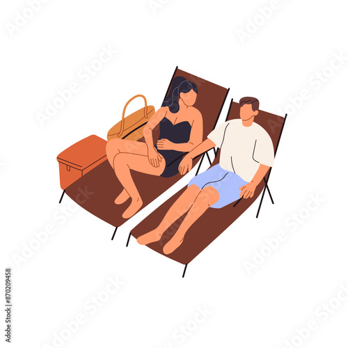 Man and woman in beachwear lounge on deck chairs together. Couple in swimsuits sunbathing on beach. Happy people relax on summer holidays, sea vacations. Flat isolated vector illustration on white