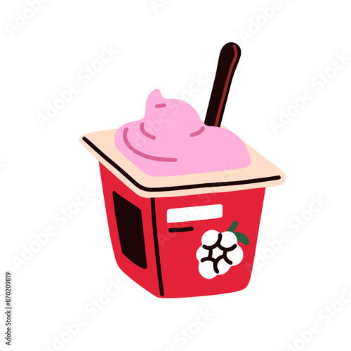 Yogurt cup, open container. Dairy milk fruit food, berry flavor in package. B...