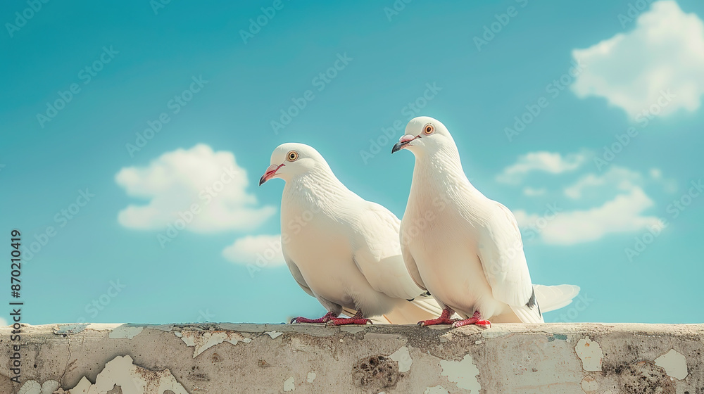 Fototapeta premium Two White Pigeons Soaring in Clear Blue Sky, Symbolic and Serene Scene