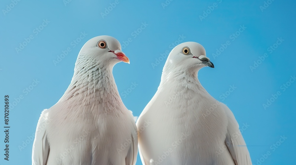 Fototapeta premium Two White Pigeons Soaring in Clear Blue Sky, Symbolic and Serene Scene