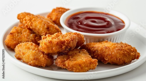 Front View Of Chicken Nuggets With Chili Sauce On A White Plate, Isolated On White Background