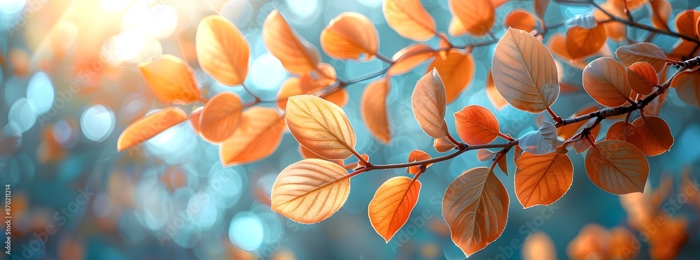 Autumn background with blurred leaves and sunlight in a park, copy space for text, banner design. Beautiful yellow orange tree branch on blue abstract nature background. Autumn background with blurred leaves and sunlight in a park, copy space for text, banner design. Beautiful yellow orange tree branch on blue abstract nature background.