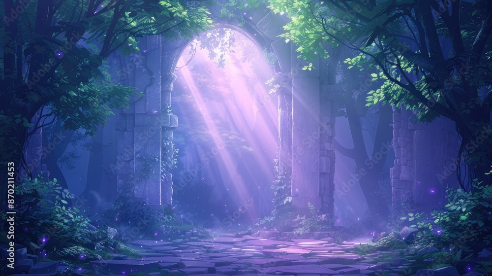 Mystic Realm with Glowing Flora and Ancient Ruins for Fantasy Game Cartoon Background Mystic Realm with Glowing Flora and Ancient Ruins for Fantasy Game Cartoon Background