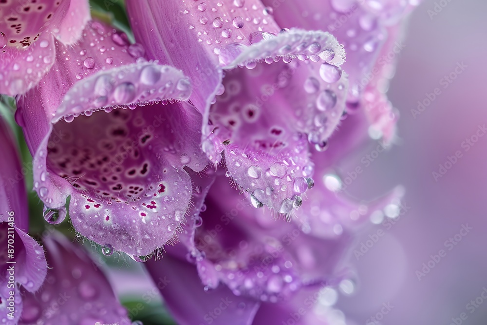 A close-up of foxgloves with dewdrops, highlighting the intricate details and colors. ,a softly blurred background, Professional photography. A close-up of foxgloves with dewdrops, highlighting the intricate details and colors. ,a softly blurred background, Professional photography.