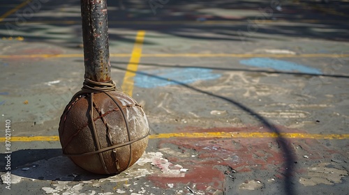 A tetherball pole with a ball wrapped around it and markings on the ground photo