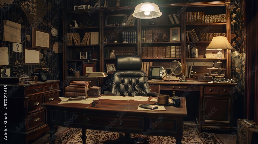 A classic mystery escape room with detective props, crime scene elements, and a whodunit atmosphere.