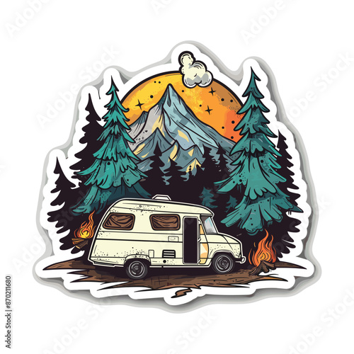 Illustration design of a Teardrop camper and tent in front of a pine tree