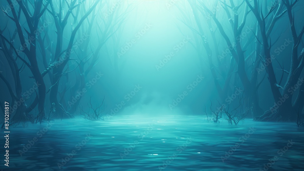Naklejka premium Mysterious Swamp Forest with Foggy Light in an Ethereal Blue Setting