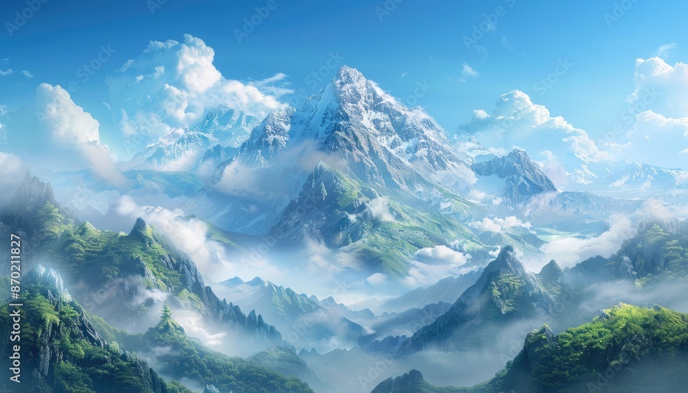 Lush Green Mountain Ranges with Snowy Peaks and Cloudy Sky Lush Green Mountain Ranges with Snowy Peaks and Cloudy Sky