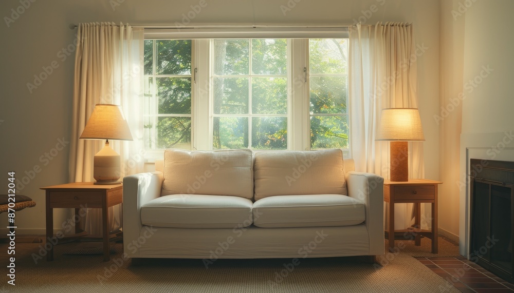 Fototapeta premium Cozy Living Room with a White Sofa, Side Tables, and Lamps by a Sunny Window