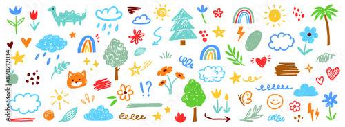 Cute kid flower, cloud, summer illustration. Hand drawn doodle sketch children cute vector school chalk background. Kids doodle crayon style line flower, cloud doodle pattern. Vector illustration