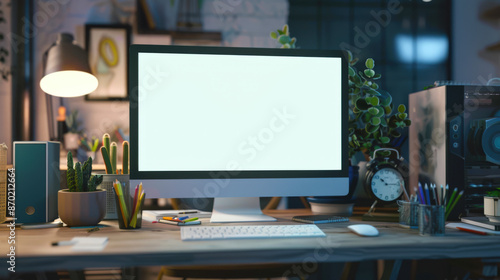 Wallpaper Mural Mockup computer monitor. A computer monitor with a clock, keyboard, mouse, lamp, stationery Torontodigital.ca