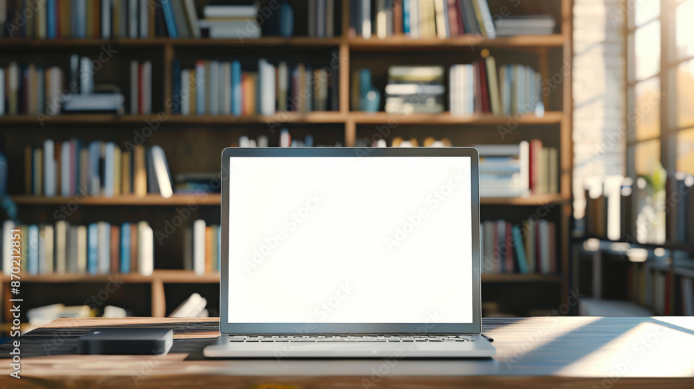 A laptop mockup in the school library. There is an open laptop on the table in front of the bookshelf. The bookshelf is filled with books A laptop mockup in the school library. There is an open laptop on the table in front of the bookshelf. The bookshelf is filled with books