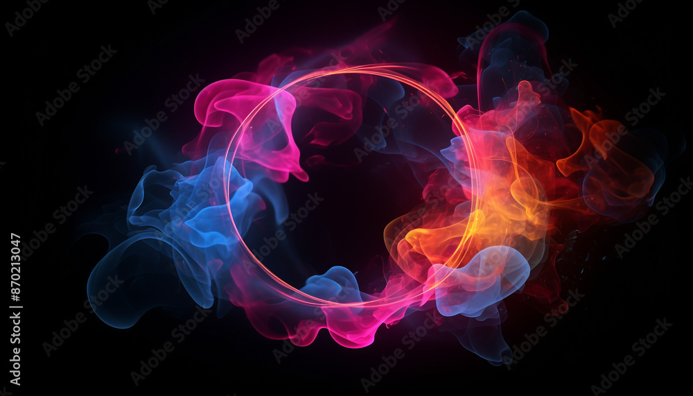 Neon light circle frame glowing in clouds Neon light circle frame glowing in clouds