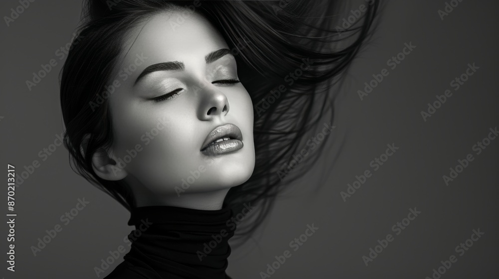 Elegant woman in black turtleneck, high bun, black and white fashion art studio portrait. Ballet style. Elegant woman in black turtleneck, high bun, black and white fashion art studio portrait. Ballet style.