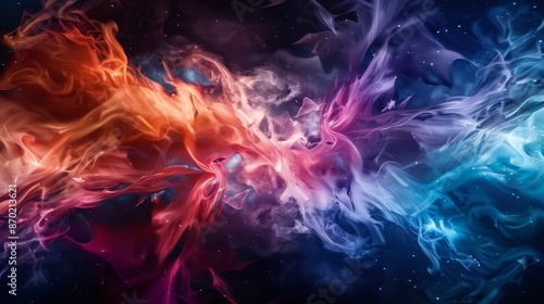 A stunning display of fractal fire and barbs amidst a variety of colored shapes, set in galactic space with smoke and saturated colors, forming a breathtaking futuristic image