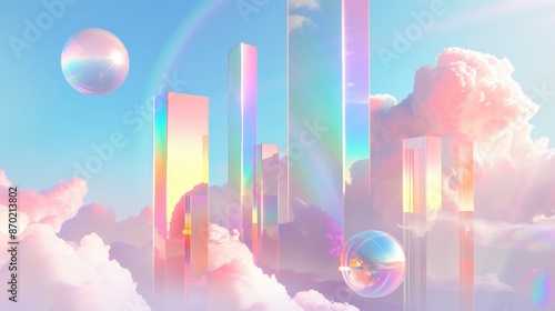 Colorful skyscrapers and reflective spheres float among clouds in a fantastical, dreamlike urban landscape