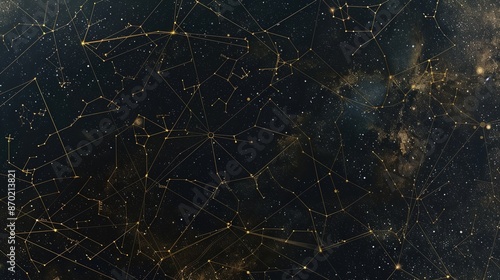 A detailed image of a star map showing various constellations and their associated zodiac signs on a plain background.