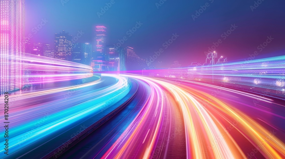 Enchanting futuristic cityscape with vibrant rainbow colors, glowing skyscrapers, and flowing roads, capturing a lively urban environment Enchanting futuristic cityscape with vibrant rainbow colors, glowing skyscrapers, and flowing roads, capturing a lively urban environment