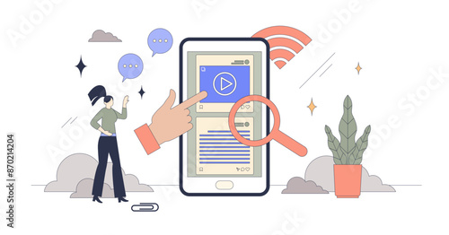 Digital media with online website for news tiny person neubrutalism concept, transparent background. Social media with broadcast newsletter and international press articles illustration.