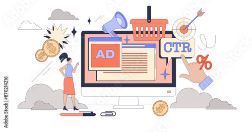 Digital advertising and marketing campaign tiny person neubrutalism concept, transparent background. Social media ads strategy for effective and targeted content illustration.