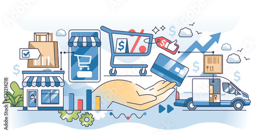 E-commerce marketing with web shop advertisement outline hands concept, transparent background. Online retail sales offer with good price for products illustration.