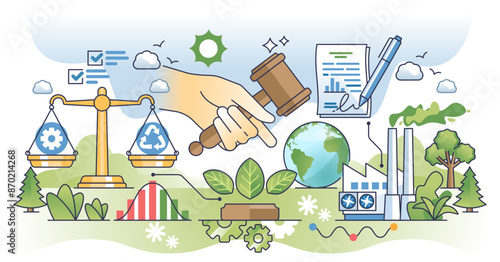 Environmental policy and ecological conservation outline hands concept, transparent background. Sustainability protection with legal agreements, green deals and standards governance illustration.