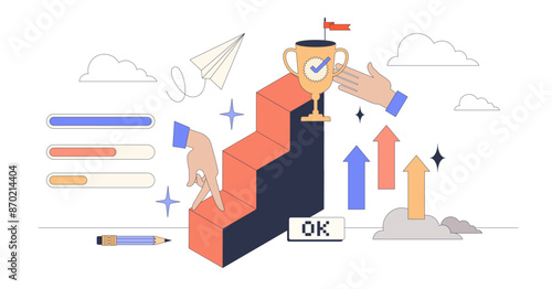 Leveling up for financial success and growth tiny person neubrutalism concept, transparent background.Rise business ambitions with target for achievements illustration.