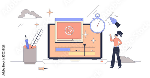 Motion graphics and movie editing software tiny person neubrutalism concept, transparent background. Reel or video content creation for social media presentation illustration.