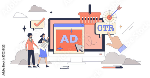 Media planning for effective ads strategy tiny person neubrutalism concept, transparent background. Online marketing for brand recognition and advertisement on social media illustration.