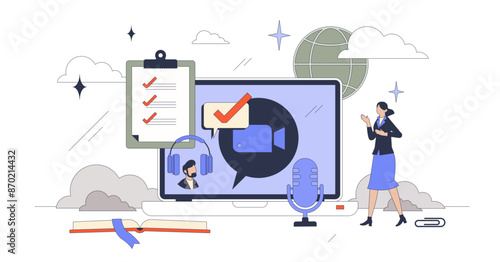 Online coaching and distant mentoring tiny person neubrutalism concept, transparent background.Tutor course streaming using videocall or online meeting app illustration.