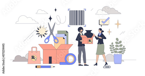 Packaging design with graphic decoration tiny person neubrutalism concept, transparent background. Business logo on box, ready for transportation and order sending in cardboard boxes illustration.