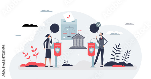 Politics battle and government election debate campaign tiny person concept, transparent background. Democracy and free speech process with voting for democrat or republican candidate illustration.