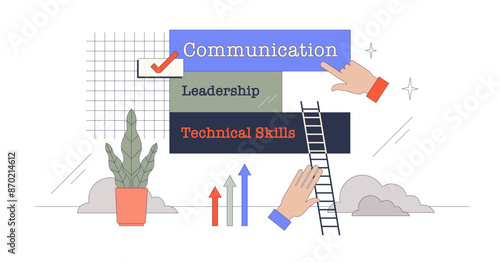 Career building blocks as skills growth tiny person neubrutalism concept, transparent background. Communication, leadership and technical skills as competences combination.