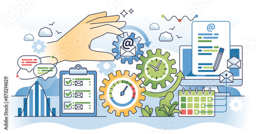 Automated email marketing solutions as digital service outline hands concept, transparent background.