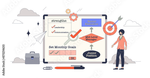 Careers coaching with professional advices tiny person neubrutalism concept, transparent background. Employee growth and development with motivation strategy from mentor illustration.
