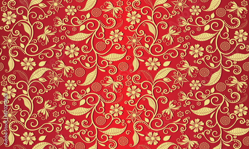 Vector seamless hand drawn red gradient floral pattern with golden butterflies and flowers