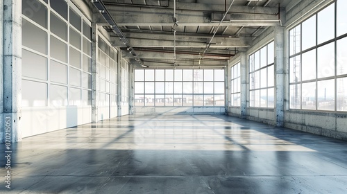 Empty warehouse Industrial interior with large windows and concrete floor.