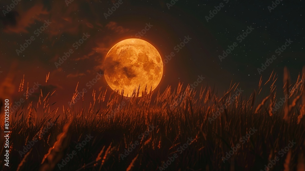 A harvest moon low on the horizon, glowing orange.