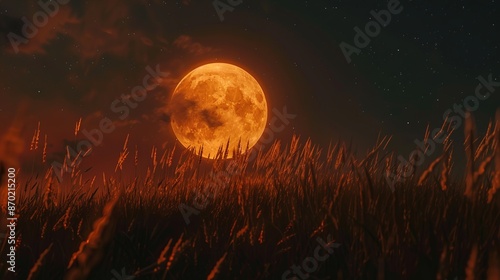 Obraz na płótnie A harvest moon low on the horizon, glowing orange. w salonie