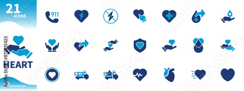 Heart icon. Set of icons of medical, health, blood drops, blood donation, love. Solid vector icons