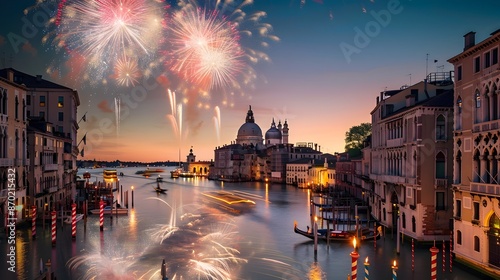 Vibrant Fireworks Display over the Iconic Canals of Venice during Festa del Redentore photo