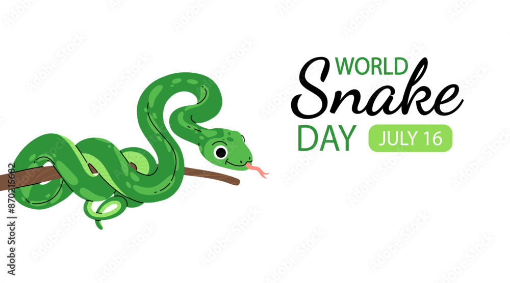 Fototapeta premium Minimalistic cute banner for World Snake Day at 16th of July with cartoon green snake, typography. Holiday concept for website, poster, background, card to raise awareness about importance of snakes.