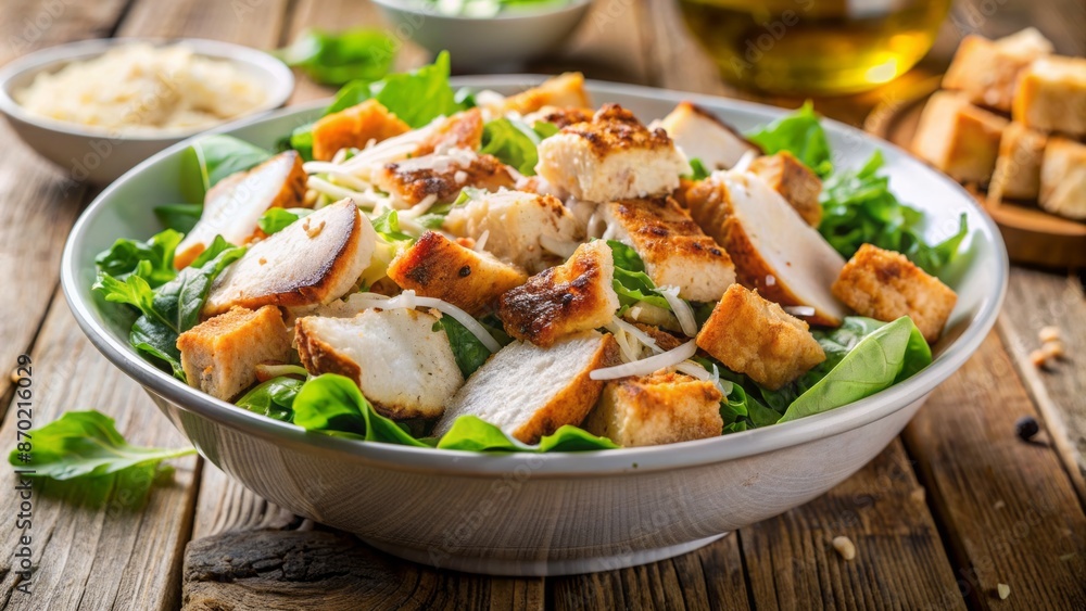 Freshly prepared classic salad with tender grilled chicken, crispy parmesan cheese, and crunchy croutons in a clean white bowl. Freshly prepared classic salad with tender grilled chicken, crispy parmesan cheese, and crunchy croutons in a clean white bowl.