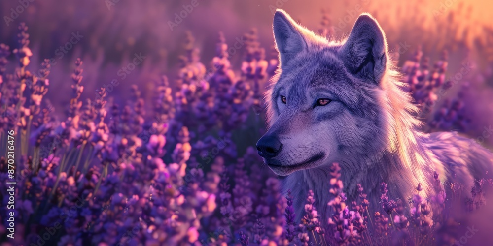 Naklejka premium Mystical Wolf in a Lavender Field at Sunset
